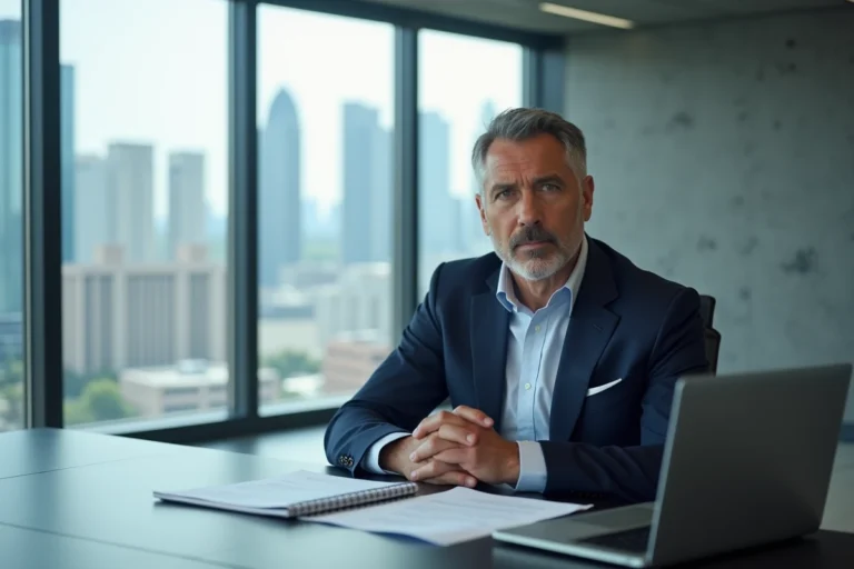 Homme d'affaires expérimenté en costume bleu marine assis dans une salle de réunion moderne avec vue sur la ville, illustrant le parcours professionnel de Marc Warnod