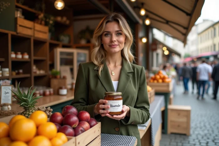 Entrepreneuse culinaire présentant ses confitures artisanales sur un stand de marché en plein air avec branding soigné