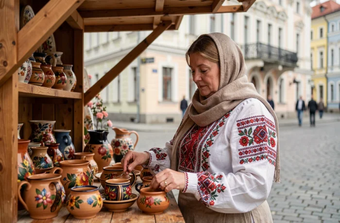 Vendeuse ukrainienne en costume traditionnel brodé présentant des poteries artisanales sur un marché de Lviv
