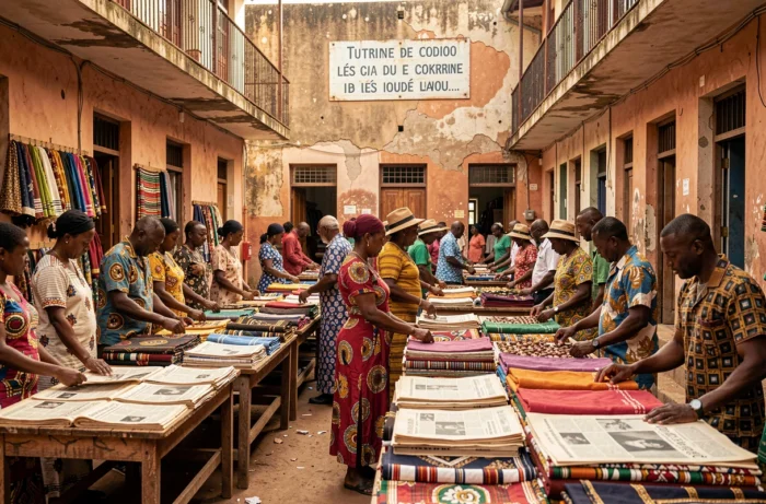 Marché patrimonial animé dans une ville africaine francophone avec journaux et textiles anciens