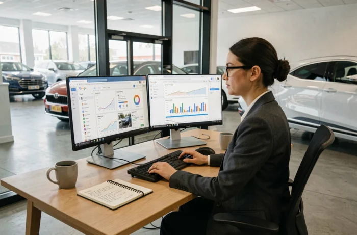 Responsable marketing digital d'une concession automobile analysant des tableaux de bord publicitaires et des statistiques de visibilité en ligne