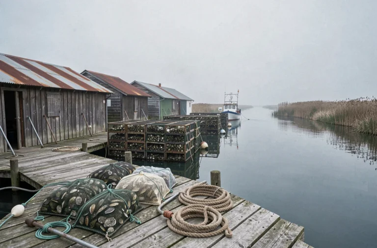 Mas ostréicole traditionnel au bord d'une lagune méditerranéenne avec cabanes en bois et cages à huîtres sur un ponton, ambiance brumeuse et authentique