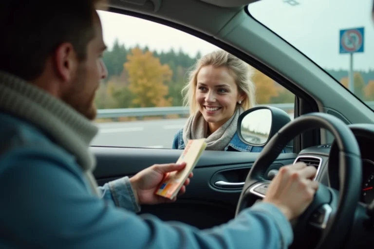 Passagère remettant des billets en espèces à un conducteur BlaBlaCar par la fenêtre d'une voiture garée sur une aire d'autoroute