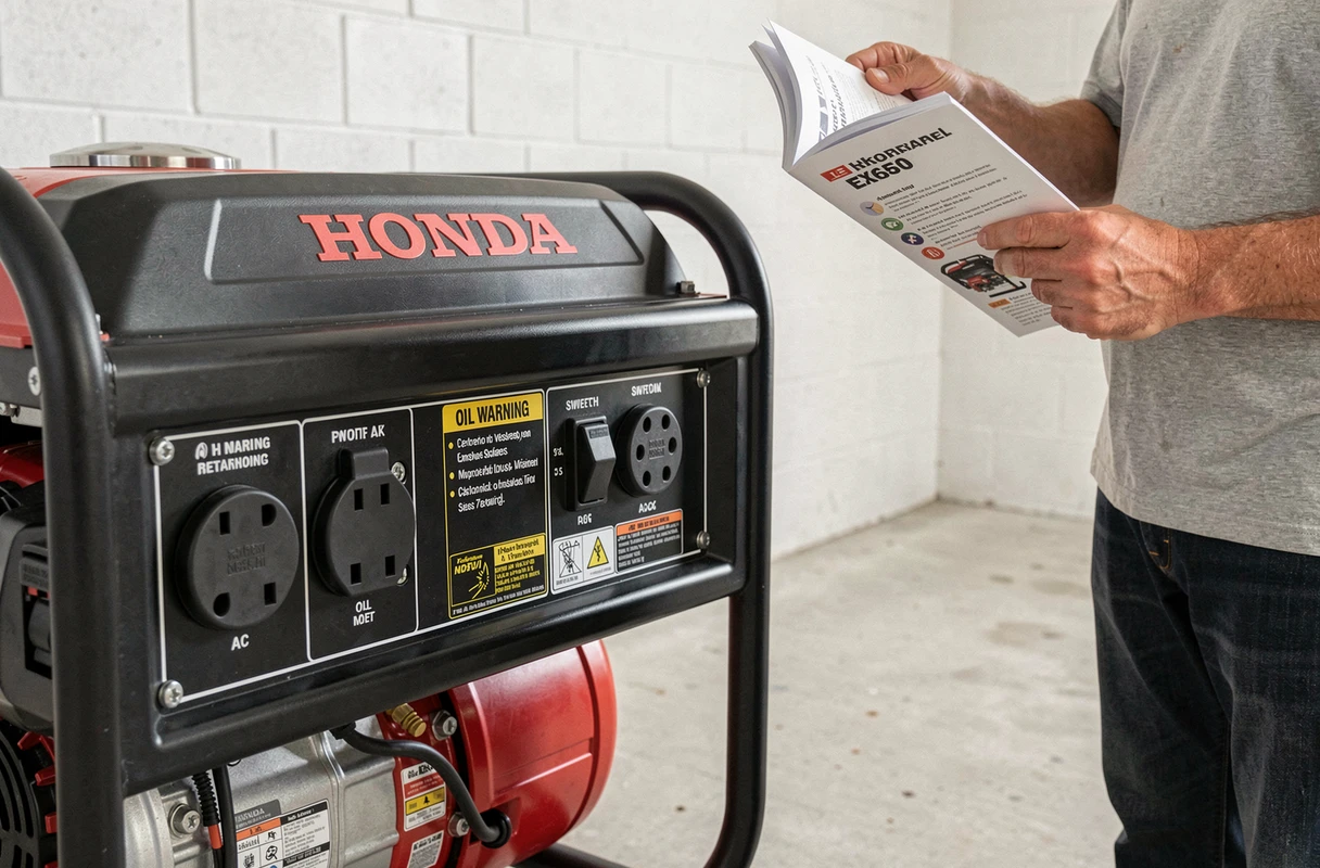 Panneau de contrôle du groupe électrogène Honda EX650 en gros plan dans un garage avec notice technique