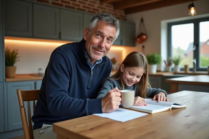 Père attentionné aidant sa fille à faire ses devoirs dans une cuisine moderne, moment du quotidien familial chaleureux et contemporain