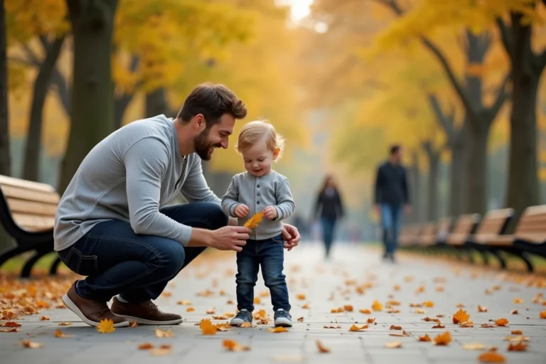 Papa moderne accroupi dans un parc automnal, riant avec son jeune enfant en regardant une feuille tombée, ambiance chaleureuse et complice