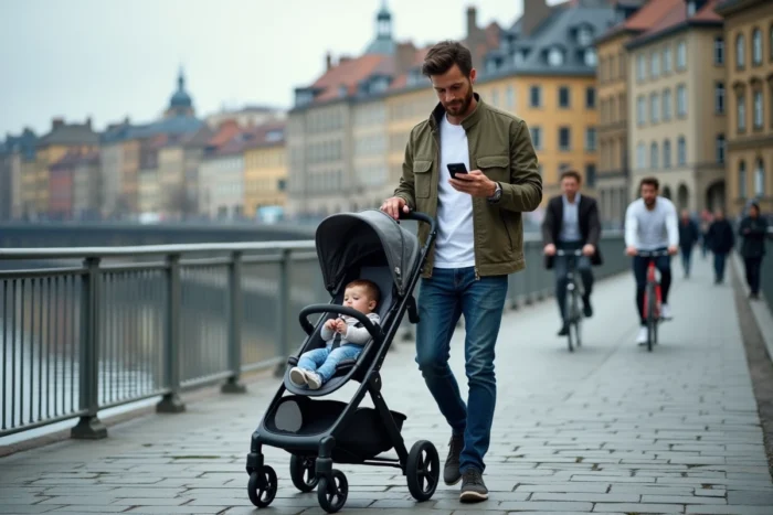 Papa actif promenant son bébé endormi en poussette le long d'un quai urbain européen, style de vie moderne et dynamique des pères d'aujourd'hui