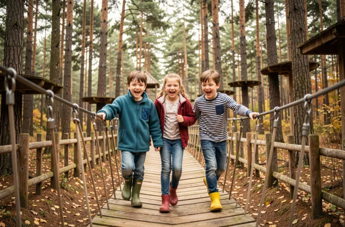 Groupe d'enfants jouant sur un pont suspendu en bois dans un parc aventure forestier en automne