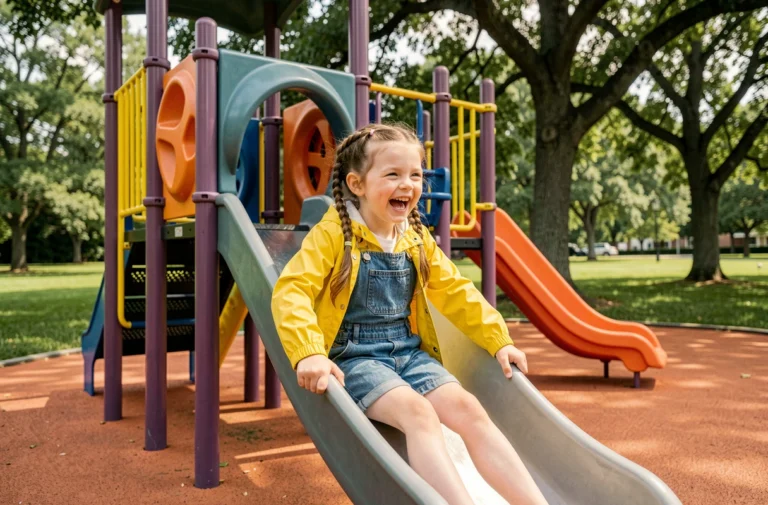 Petite fille souriante sur un toboggan coloré dans un parc pour enfants entouré d'arbres verdoyants