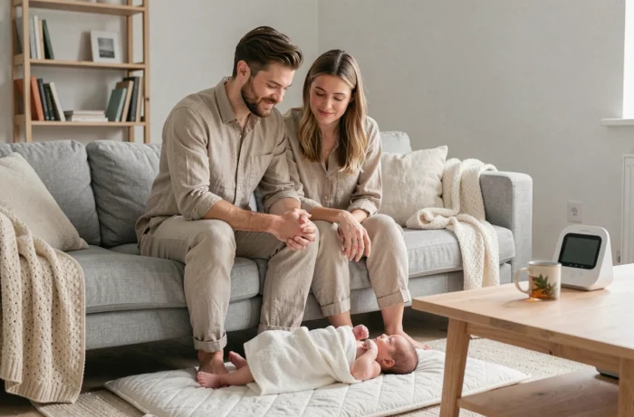 Parents souriants observant leur nouveau-né sur un tapis d'éveil dans un salon scandinave épuré