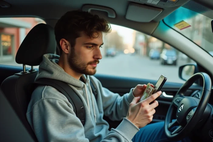 Passager BlaBlaCar comptant des pièces et billets en espèces dans la main à l'intérieur d'un véhicule de covoiturage