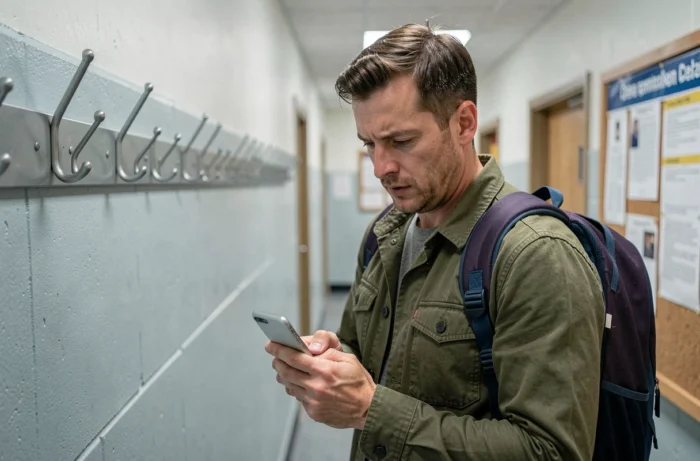 Père vérifiant l'application de coordination familiale FamilyWall dans le couloir d'une école