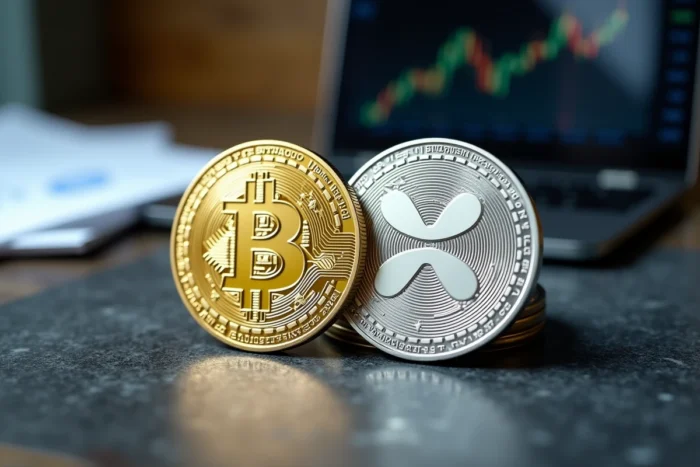 Pièces physiques de Bitcoin et Ripple XRP côte à côte sur une surface en béton brossé symbolisant la comparaison des cryptomonnaies