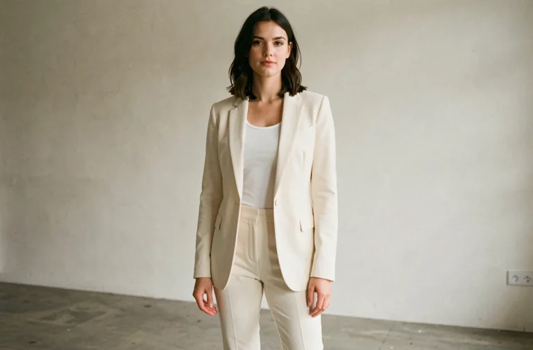 Portrait éditorial pleine longueur d'une jeune femme française élégante en blazer crème dans un studio parisien épuré