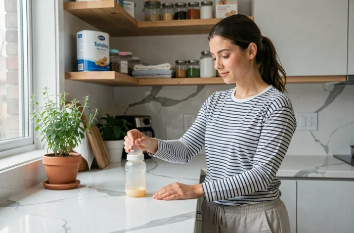 Jeune maman préparant un biberon dans une cuisine organisée avec des accessoires bébé bien rangés