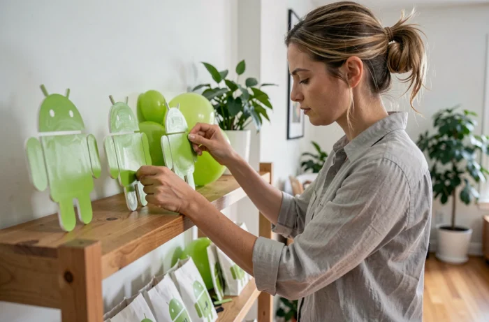 Femme arrangeant des décorations sur le thème Android sur une étagère en bois avec des ballons verts et des accessoires personnalisés pour une fête