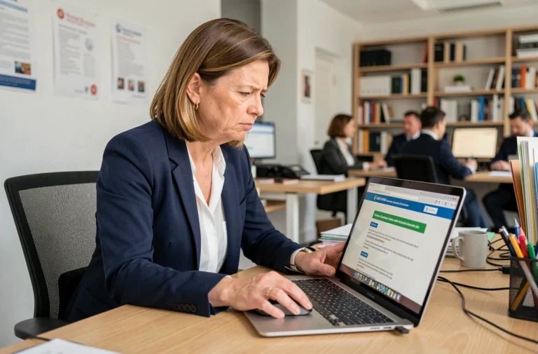 Femme fonctionnaire parisienne résolvant un problème de connexion sur le portail Mon Intra Paris depuis son bureau