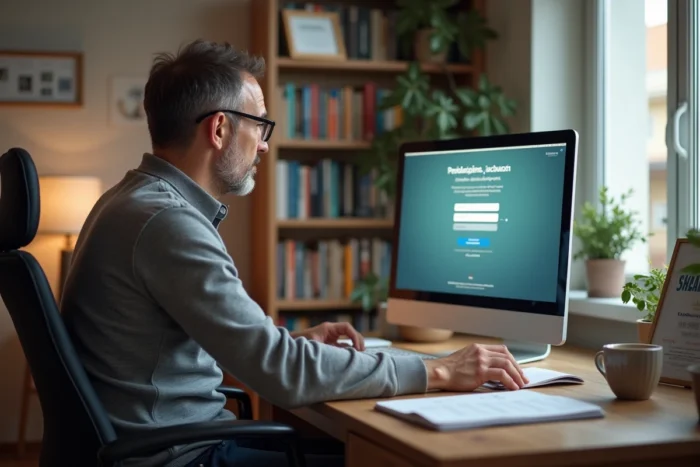 Professeur se connectant à IProf depuis son bureau à domicile avec un guide de connexion imprimé