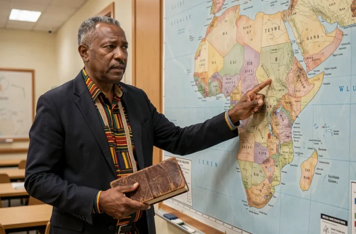 Professeur africain d'histoire montrant une carte de l'Afrique coloniale dans une salle universitaire