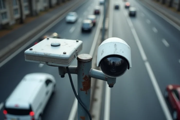 Comparaison visuelle entre un radar et une caméra de surveillance montés sur un portique en ville