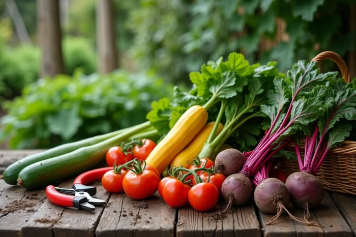 Légumes biologiques fraîchement récoltés disposés sur une table en bois rustique incluant courgettes, tomates anciennes, bettes et betteraves avec un panier en osier