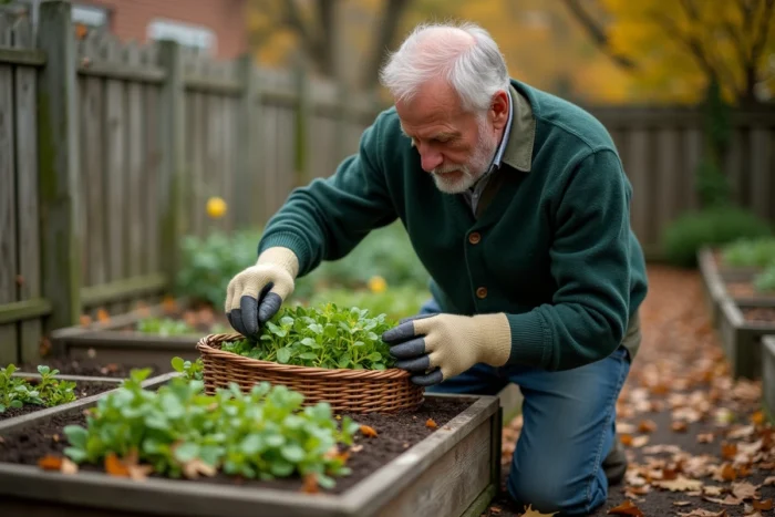 Homme récoltant les dernières tiges de pourpier dans un potager surélevé en arrière-saison avant l'hiver