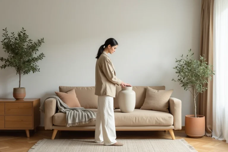 Femme redessinant son salon avec style dans un intérieur scandinave épuré aux tons neutres chauds