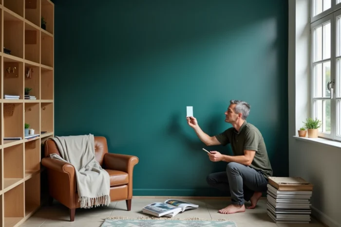 Homme choisissant une couleur de peinture tendance pour la rénovation de son bureau à domicile avec style