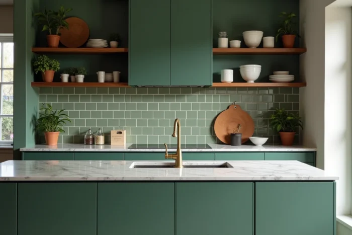 Cuisine moderne rénovée avec armoires vert foncé mat, plan de travail en marbre Calacatta et robinetterie en laiton brossé, tendance habitat contemporain