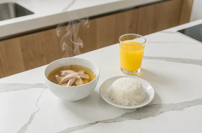 Repas léger avant coloscopie avec bouillon de poulet, riz blanc et jus de pomme sur un comptoir de cuisine