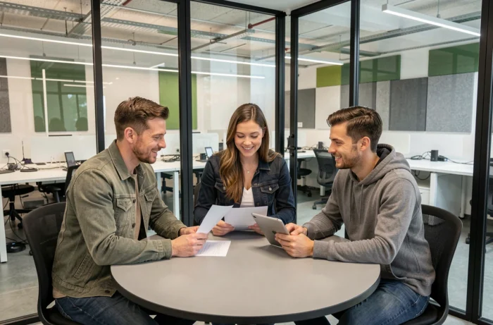 Groupe d'entrepreneurs en réunion dans une salle de coworking vitrée au Luxembourg