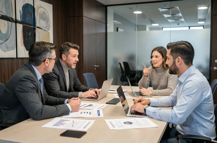 Équipe de professionnels en réunion stratégique dans une salle de conférence d'entreprise contemporaine