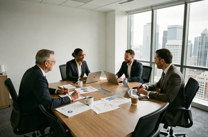 Réunion d'équipe professionnelle autour d'une table de conférence avec vue sur la ville, actualités entreprise