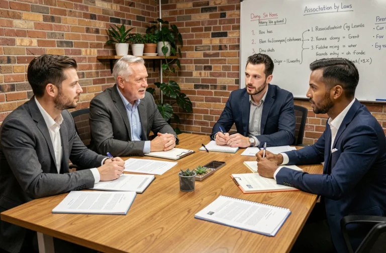 Groupe d'adultes réunis autour d'une table pour rédiger les statuts d'une association, avec des documents imprimés et des notes sur un tableau blanc