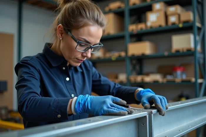 Professionnelle appliquant un scellement chimique sur une structure métallique avec une cartouche de résine bi-composant