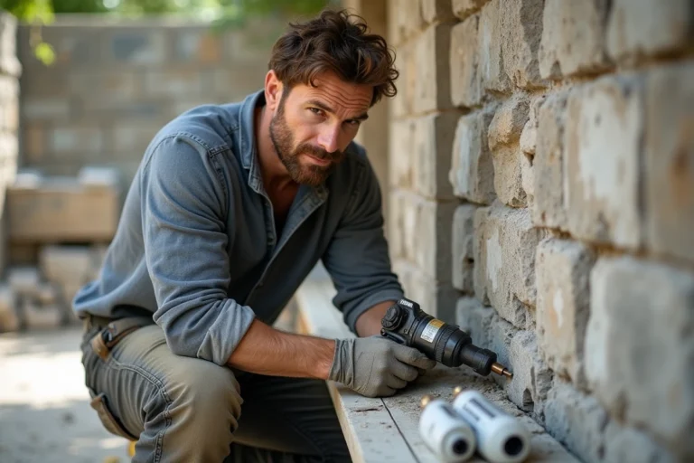 Artisan utilisant un pistolet à scellement chimique pour injecter de la résine dans un trou foré dans un mur en pierre naturelle