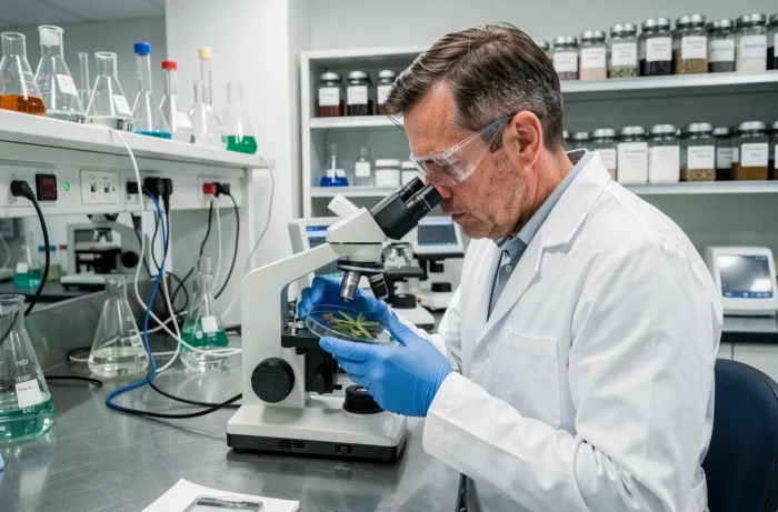 Scientifique en laboratoire étudiant des spécimens végétaux liés à la reproduction sexuée sous microscope