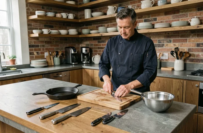 Chef arrangeant des couteaux professionnels et ustensiles de cuisine sur un plan de travail en bois pour illustrer le choix du bon équipement
