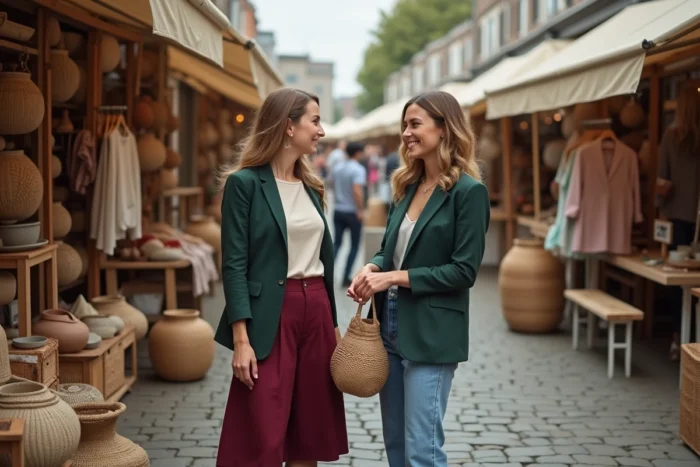 Deux amies faisant du shopping dans un marché créateur tendance avec poterie artisanale et vêtements vintage