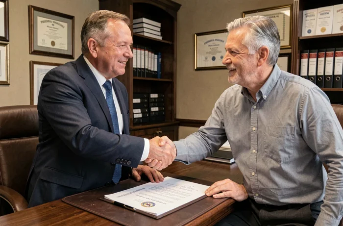 Deux hommes signant et finalisant les statuts officiels d'une association dans un bureau administratif ou notarial