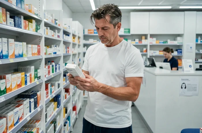 Homme en pharmacie consultant une boîte de somnifère sans ordonnance dans un rayon