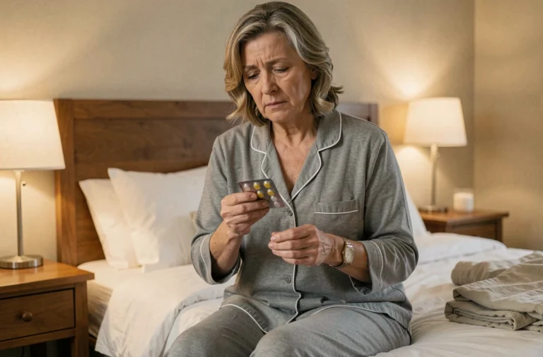 Femme mature tenant une boîte de somnifères sans ordonnance assise sur son lit la nuit