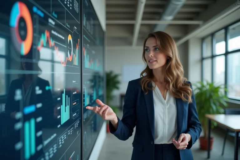 Une professionnelle présentant une stratégie de visibilité d'entreprise sur un écran interactif dans un bureau moderne