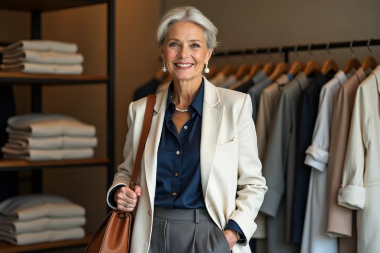 Femme élégante de 75 ans en blazer crème et pantalon gris dans une boutique parisienne, style mode senior raffiné