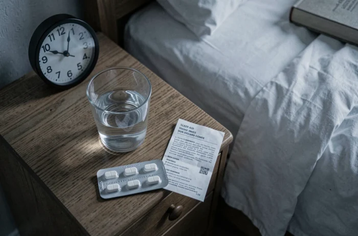 Table de nuit avec somnifères sans ordonnance verre d'eau et notice en pleine nuit