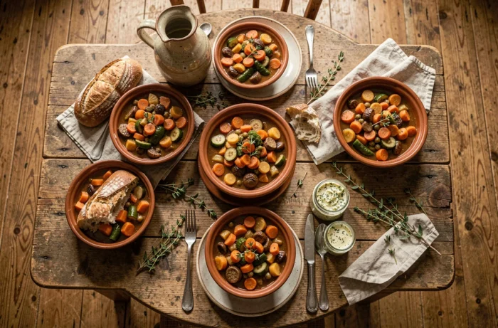 Table rustique avec un ragoût de légumes maison, pain sourdough et beurre aux herbes pour un repas convivial