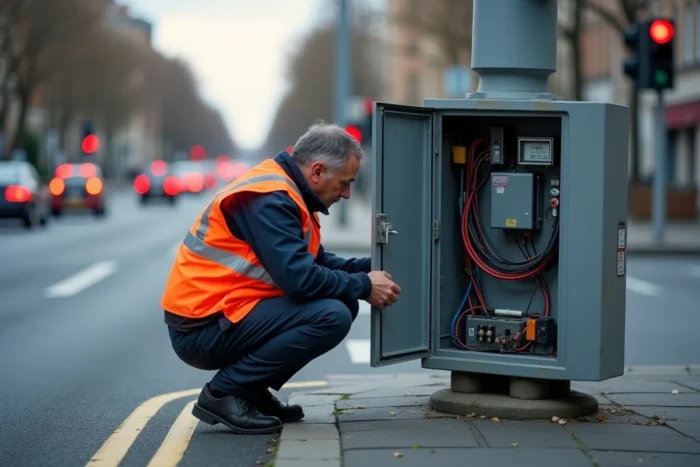Technicien inspectant un boîtier de contrôle radar au pied d'un feu de signalisation urbain