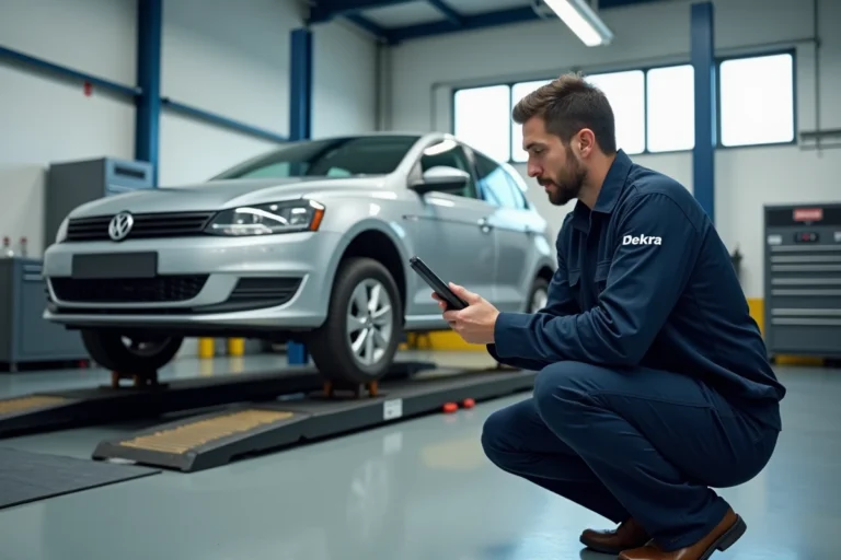 Technicien Dekra en uniforme inspectant le dessous d'une voiture sur un pont élévateur lors d'un contrôle technique