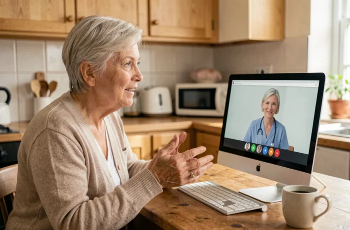 Femme âgée en téléconsultation médicale par vidéo depuis sa cuisine, contactant une équipe santé en ligne