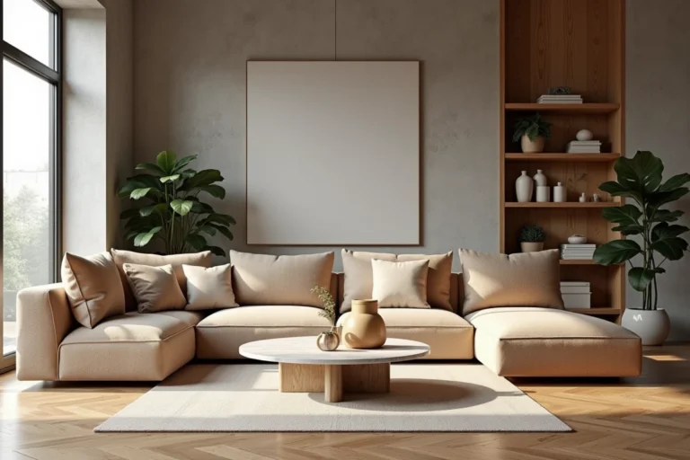 Salon moderne de style scandinave avec canapé en lin, table basse en travertin et étagères en chêne, reflétant les dernières tendances déco intérieur